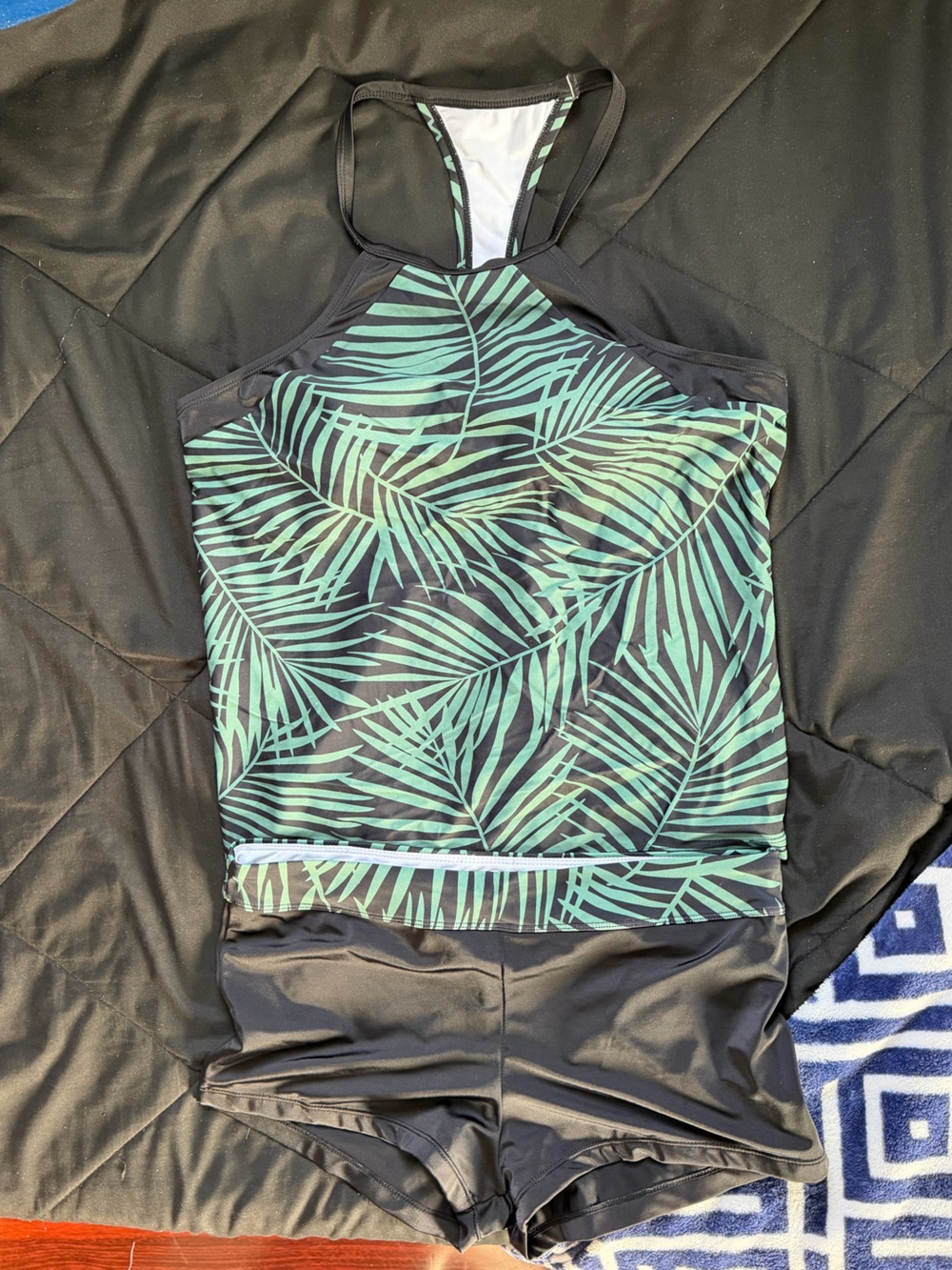 Women's Black Swim Tankini with Green Palm Print